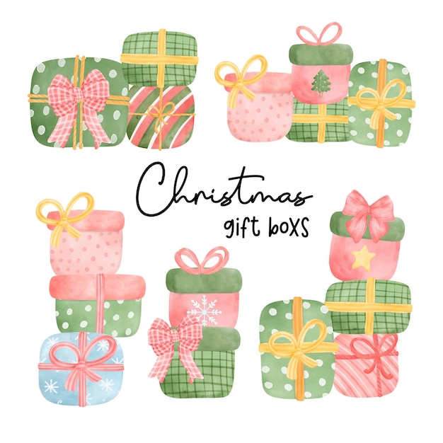 Watercolour Christmas gift box stacked collection