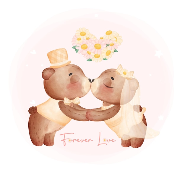 Watercolour cute two couple brown teddy bears in wedding groom and bride are kissing Valentine cartoon character hand drawing illustration vector