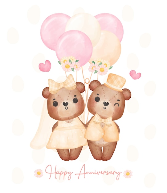 Watercolour cute two couple brown teddy bears in wedding groom and bride hold hand Valentine cartoon character hand drawing illustration vector