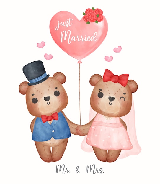 Watercolour cute two couple Wedding brown teddy bears in groom and bride hold hand Mr and Mrs cartoon character hand drawing illustration vector