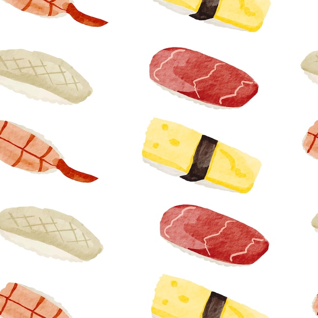 Watercolour Japanese food collection. Hand drawn Nigiri sushi seamless pattern. Editable wallpaper