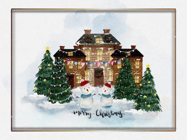 Watercolour paint Christmas tree with house, light bulb decoration with snow falling on watercolor paper background,Vector Merry Christmas greeting card of farm house and fir tree with golden frame