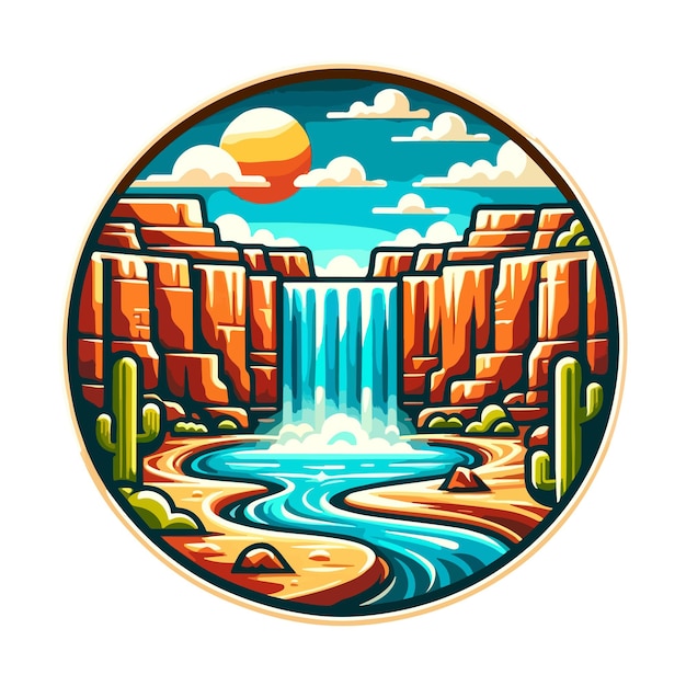 waterfall and canyon badge illustration for t shirt or sticker