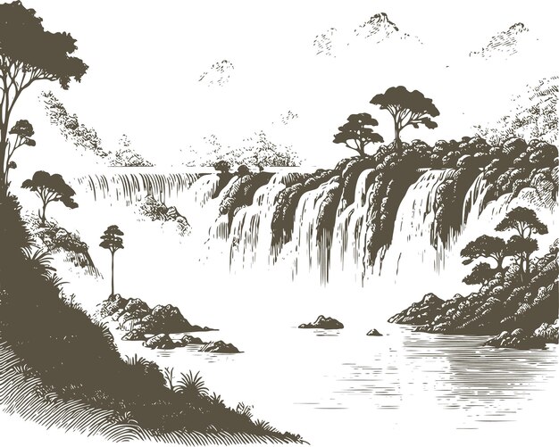 Vector waterfall in a picturesque forested mountain area vector stencil