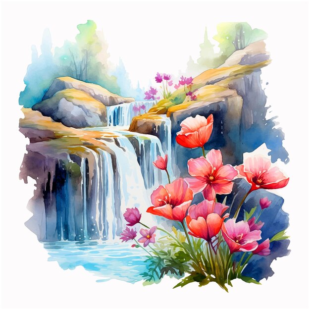 Vector waterfall with purple flowers watercolor paint