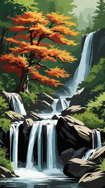 Vector a waterfall with trees in the jungle illustration cartoon drawing artwork vector