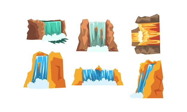 Waterfalls Set Mountain Landscape Elements Cascading Water Stream Cartoon Style Vector Illustration