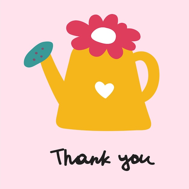 Watering can. Phrase -Thank you. Hand drawn illustration on pink background.