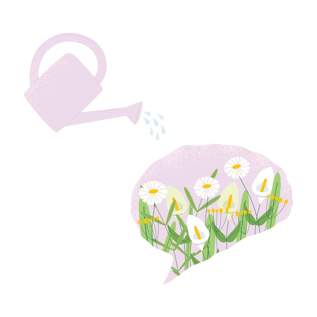 A watering can waters the brain from which flowers grow. The concept of psychological help.