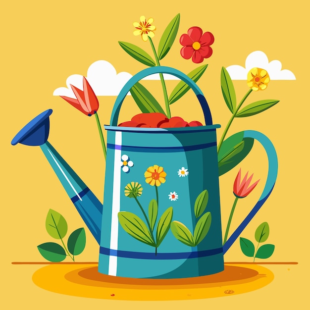 Vector a watering can with a flower on it and a sunflower on the side