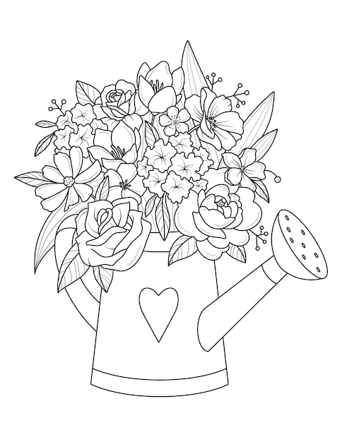 A watering can with flowers in it hand drawn outline