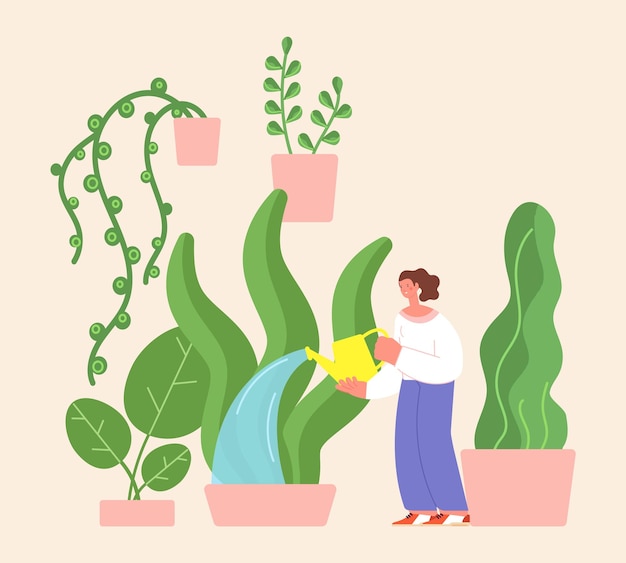 Watering home garden Woman with water green giant plants in pots Gardening relax hobby agriculture and planting vector concept