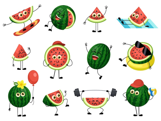 Watermelon funny cartoon characters joyful freetime Isolated fruits swim surfing on board and training Cute smiling and laughing garish comic vector set