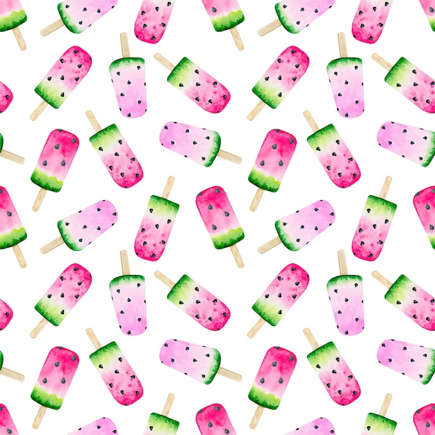 Watermelon ice hand drawn watercolor seamless pattern. Summer texture