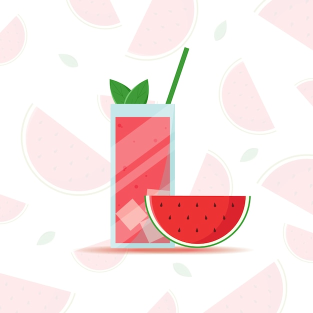 Watermelon juice in a glass against a background of pieces of watermelon Vivid image Flat style