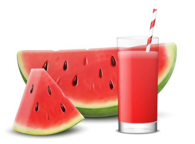 Watermelon juice or smoothie in glass with straw Half and piece of watermelon isolated on transparent background Realistic 3d vector illustration