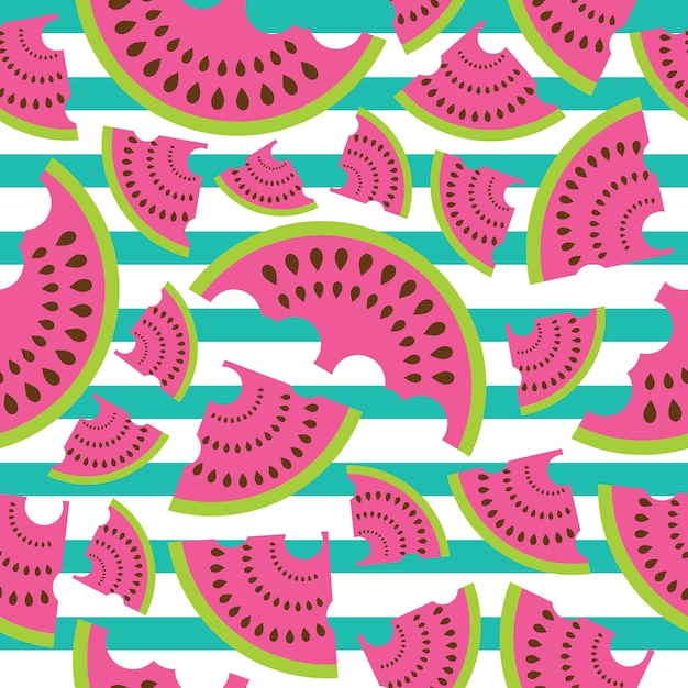 Watermelon seamless pattern on cyan striped background