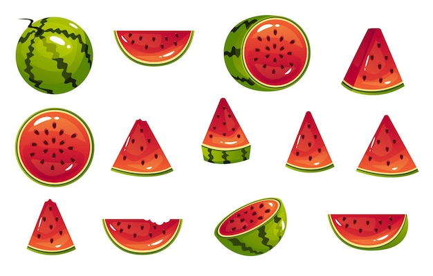 Watermelon slice fruit melon food tropical berry isolated set flat graphic design element