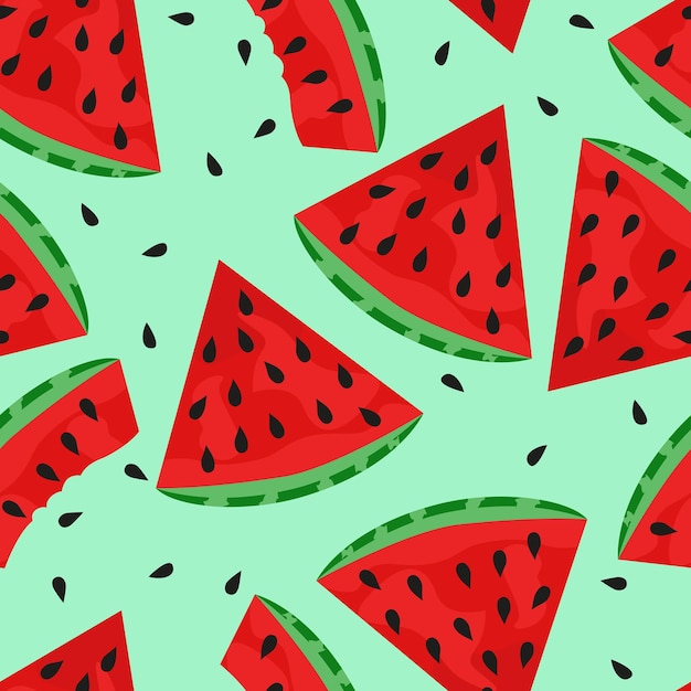 Watermelon slices seamless vector pattern flat style bright fruits on green background