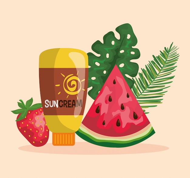 Watermelon and strawberry fruits with suncream and leaves