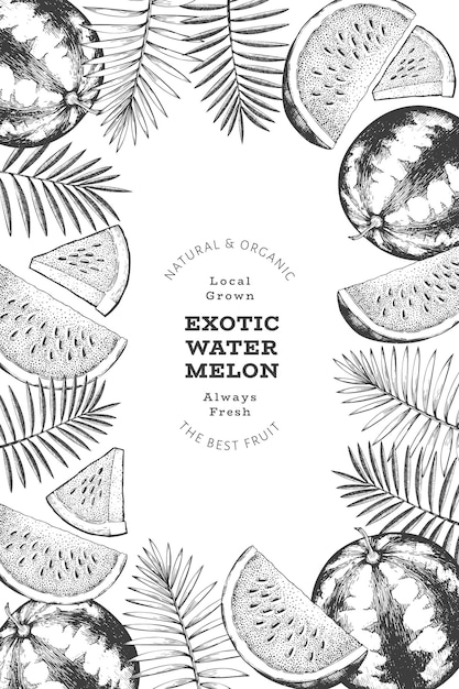 Watermelon and tropical leaves design template. Hand drawn vector exotic fruit illustration. Engraved style fruit frame. Retro botanical banner.