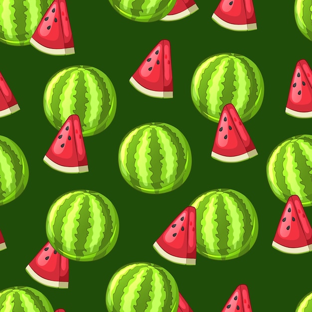 Watermelon whole and sliced pieces on a green background. Seamless pattern