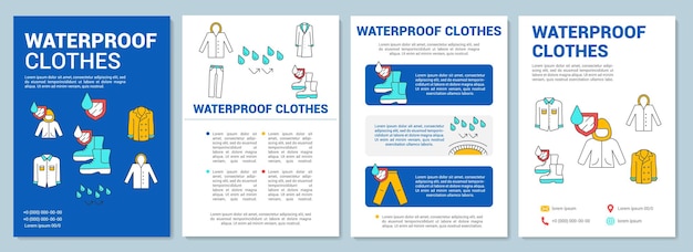 Waterproof clothes, footwear brochure template layout. Flyer, booklet, leaflet print design with linear illustrations. Vector page layouts for magazines, annual reports, advertising posters