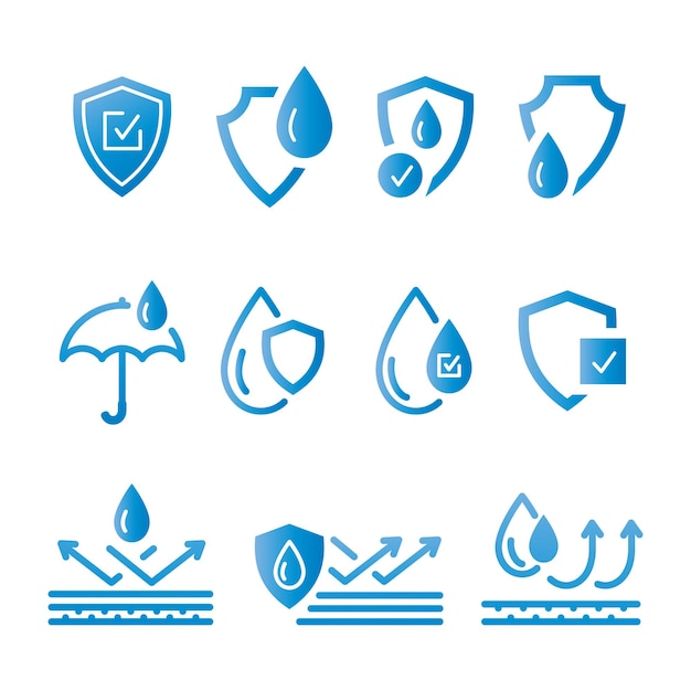 Waterproof icons such as shield umbrella liquid resistant layers water drops