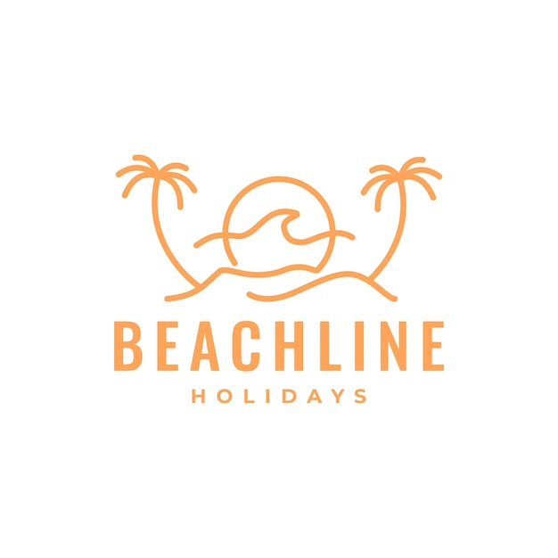 wave beach coconut tree holidays vacation trip line style simple modern logo design vector icon illustration