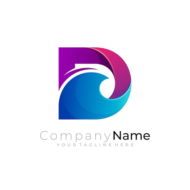 Wave logo and letter D design template 3d colorful