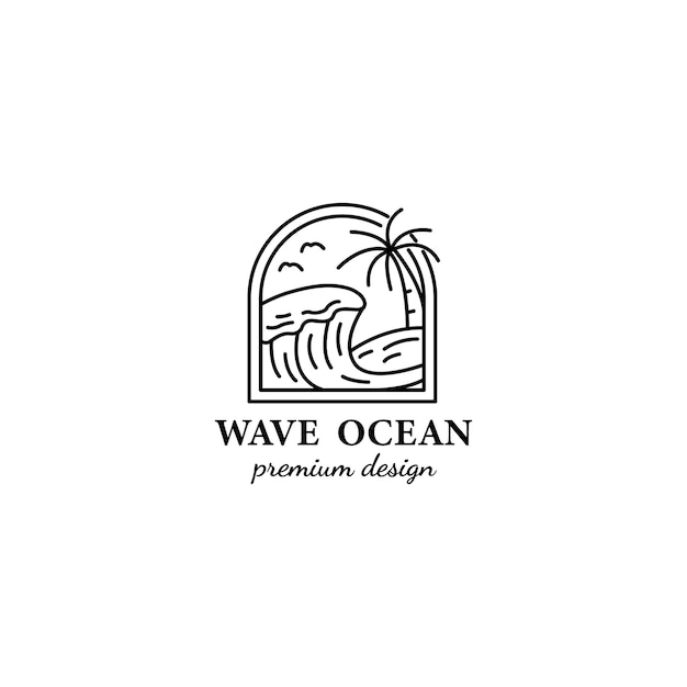 Wave ocean logo icon minimalist illustration line art vector design outdoor palm