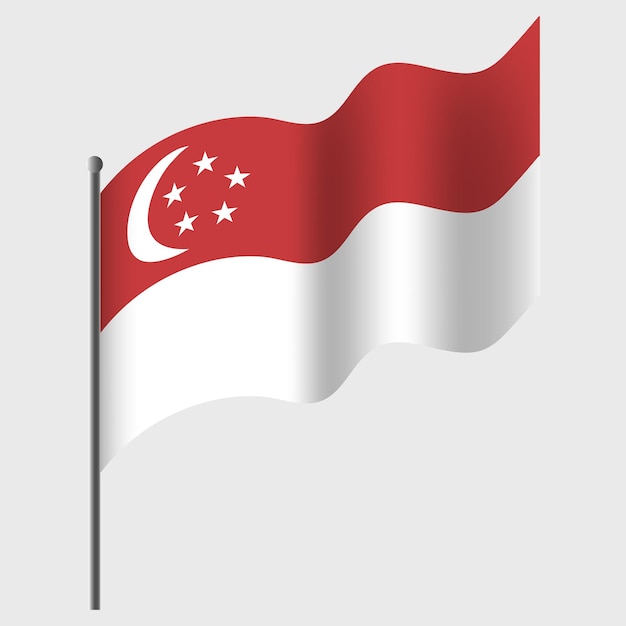 Waved Singapore flag Singapore flag on flagpole Vector emblem of Singapore