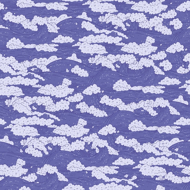 Waves sea ocean seamless pattern. Very peri bursts splash with foam and bubbles. Vector doddle outline sketch background.