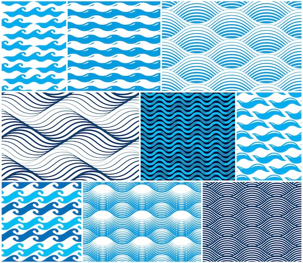 Waves seamless pattern, vector water runny curve lines abstract repeat endless background, blue color rhythmic waves.