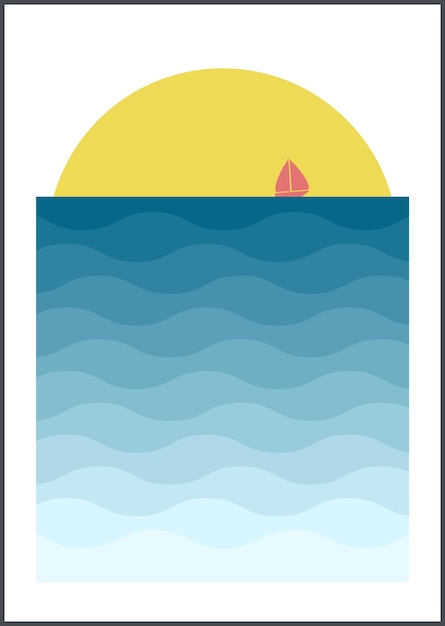 Waves and ship nursery illustration poster Cute sailing ship Kid sailboat