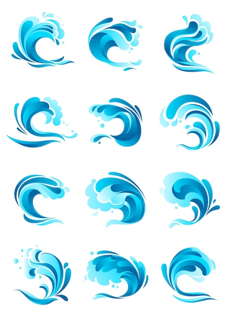 Waves vector isolated icons. Emblems set of ocean or sea blue waves, water splashes and wavy flows with surfing gales and tide water rollers, foamy stormy curls and stormy curling sea waves