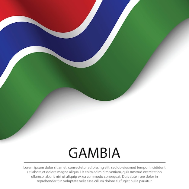 Waving flag of Gambia on white background. Banner or ribbon vector template for independence day