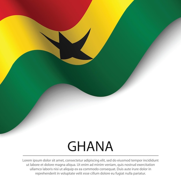 Waving flag of Ghana on white background. Banner or ribbon vector template for independence day