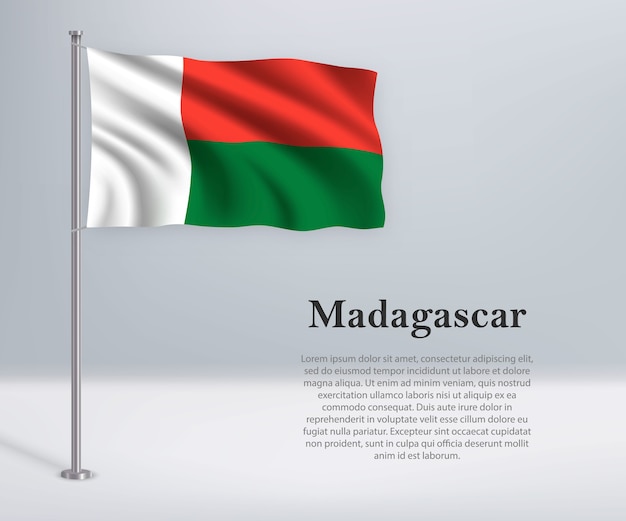 Waving flag of Madagascar on flagpole