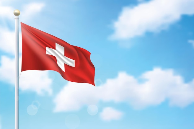 Waving flag of Switzerland on sky background Template for independence day poster design