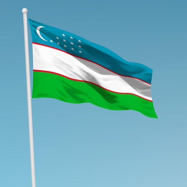 Waving flag of Uzbekistan on flagpole Template for independence day