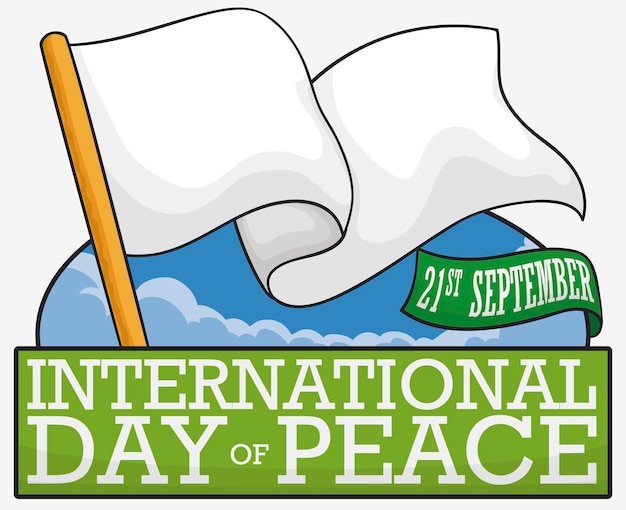 Waving white flag high up in the sky and decorated with ribbon for the International Day of Peace