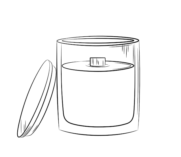 Wax candle in glass holder with wooden wick and lid. Sketch in doodle style.