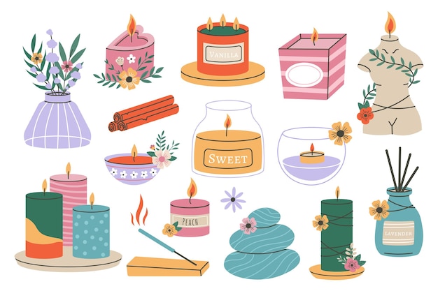 Wax candles aromatic scented candles home aromatherapy elements Vector illustration set of aromatic wax candle scented