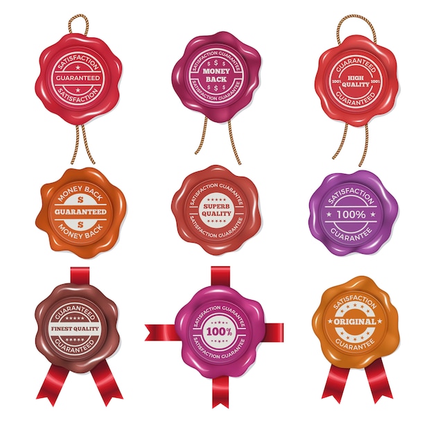 Wax stamps with different promo labels. Vector pictures set