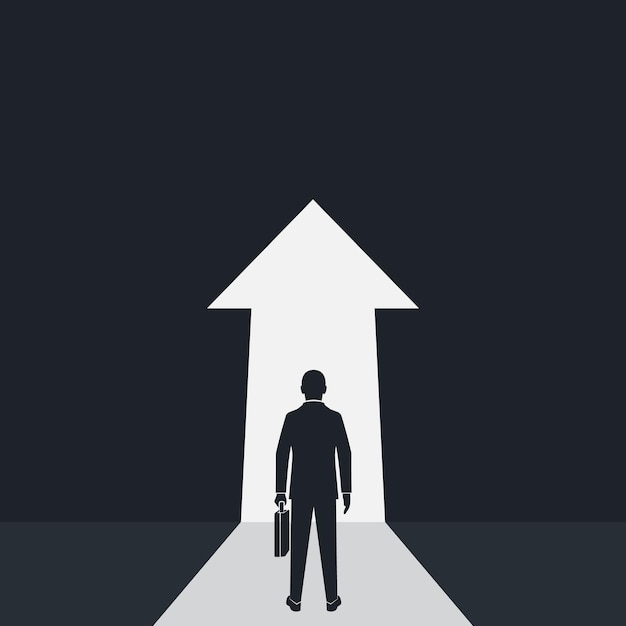 Way forward concept Silhouette businessman in suit stands in front of an arrow ahead Look into futur