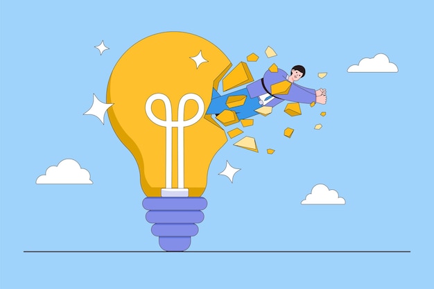 Way to improve creativity of thinking innovation idea booster develop imagination to help success growth mindset critical thinking concepts Smart businessman breaking through brightly lightbulb