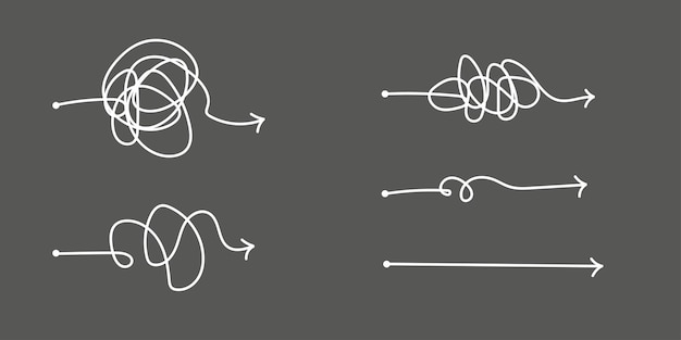 The way to solve a complex idea Process of understanding Lines of chaotic doodles with an arrow