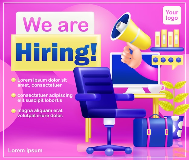 We are Hiring 3d vector of work desk chair and hand holding megaphone from inside computer