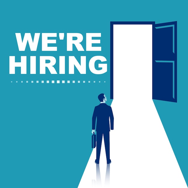 We are hiring concept. Man stands in front of an open door. Invitation to work. Hiring new staff.